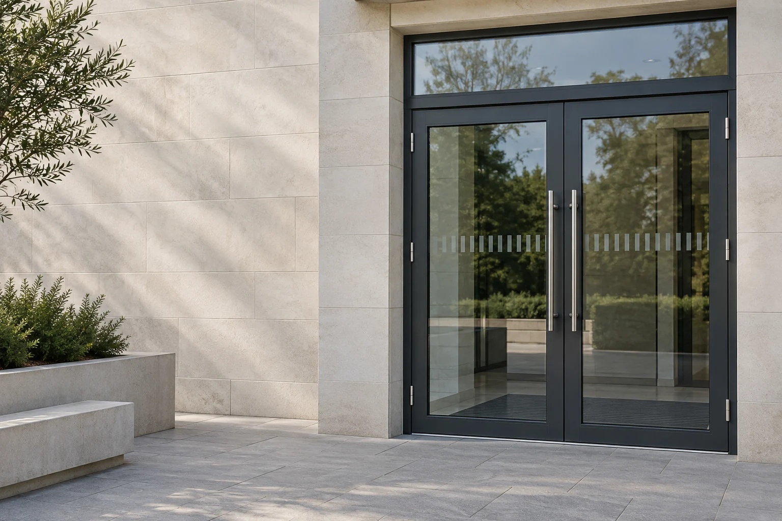 Illustrative pair of aluminium-framed commercial entrance doors in pale stonework