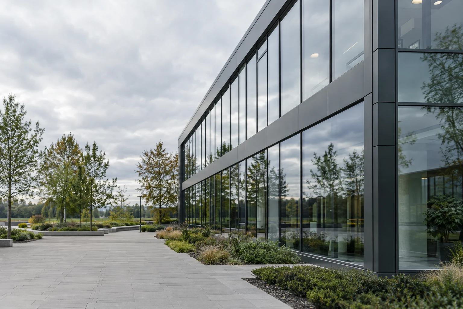 Illustrative commercial building with aluminium curtain walling and tree reflections
