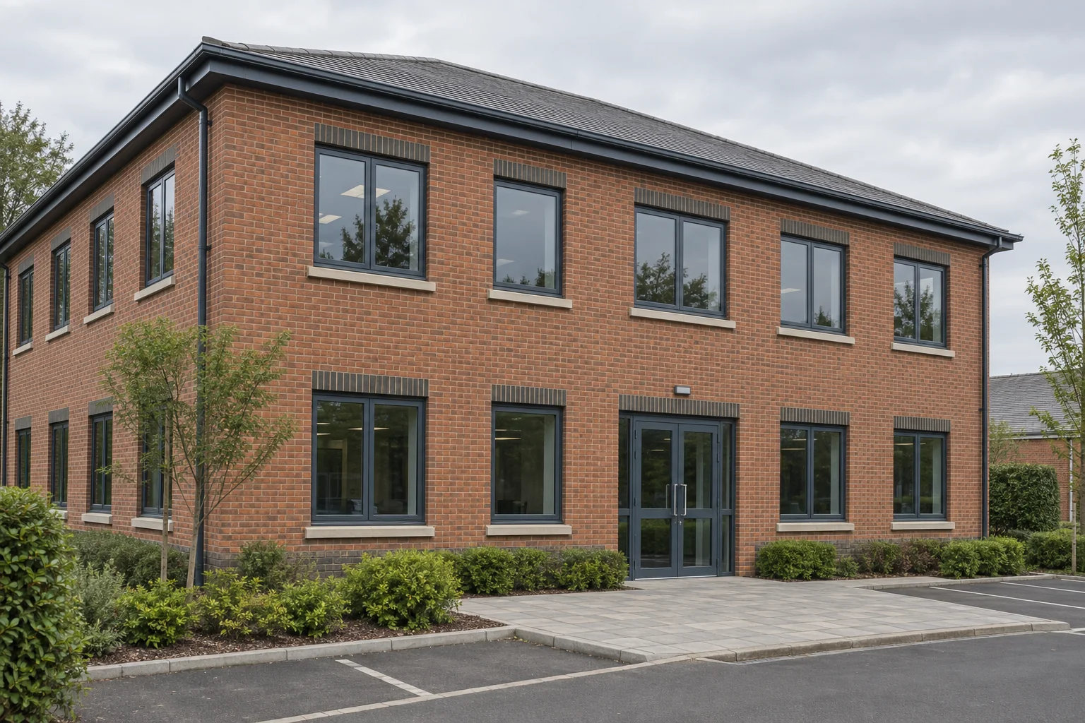 Illustrative two-storey brick office with aluminium windows and double entrance doors