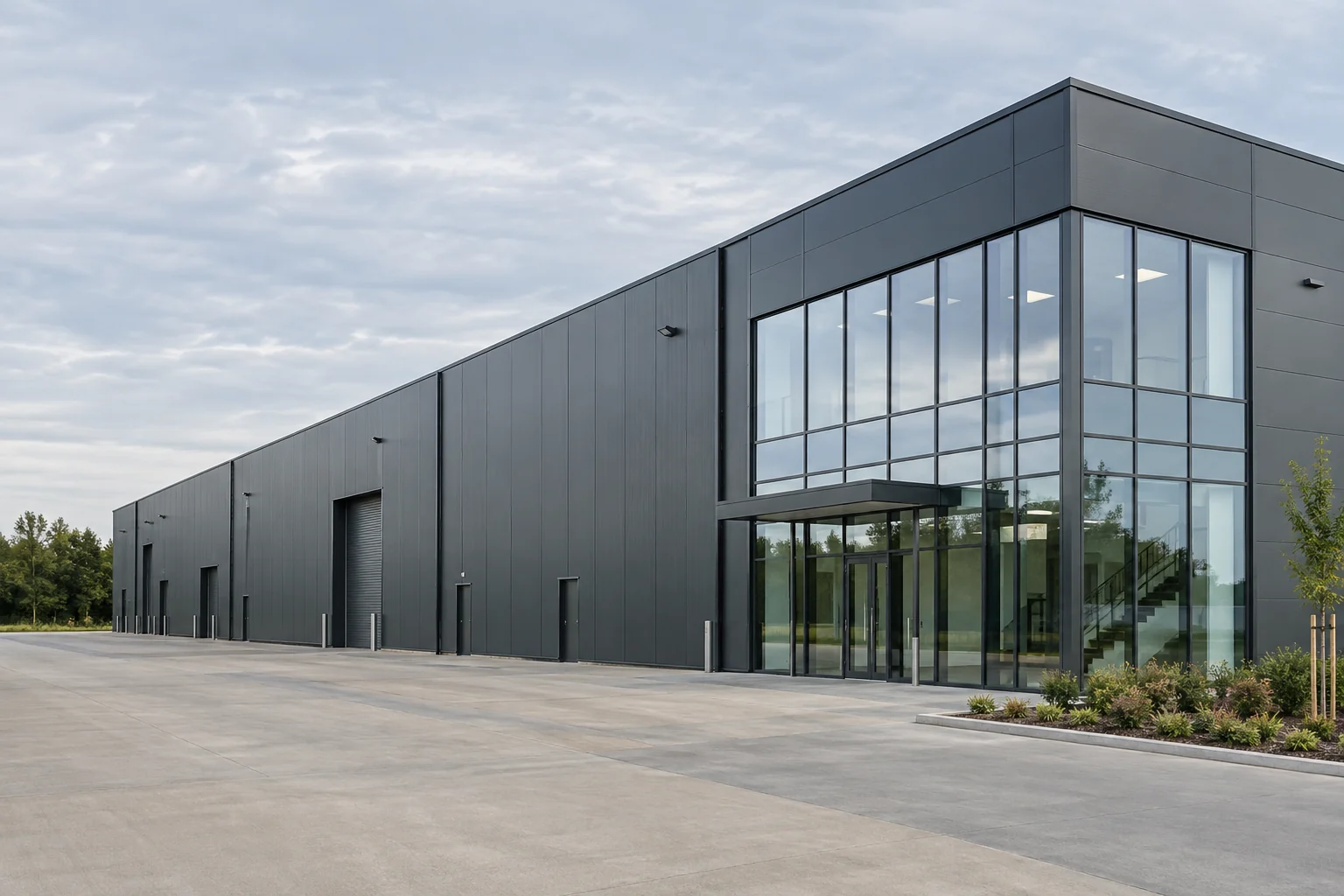 Illustrative industrial building with aluminium-glazed offices and an entrance canopy