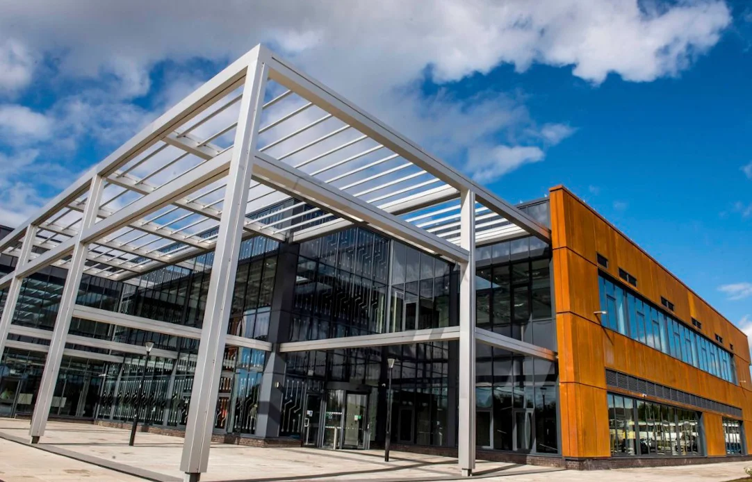 Glazed entrance and aluminium window bands at the Sustainable Materials and Manufacturing Centre in Rochdale