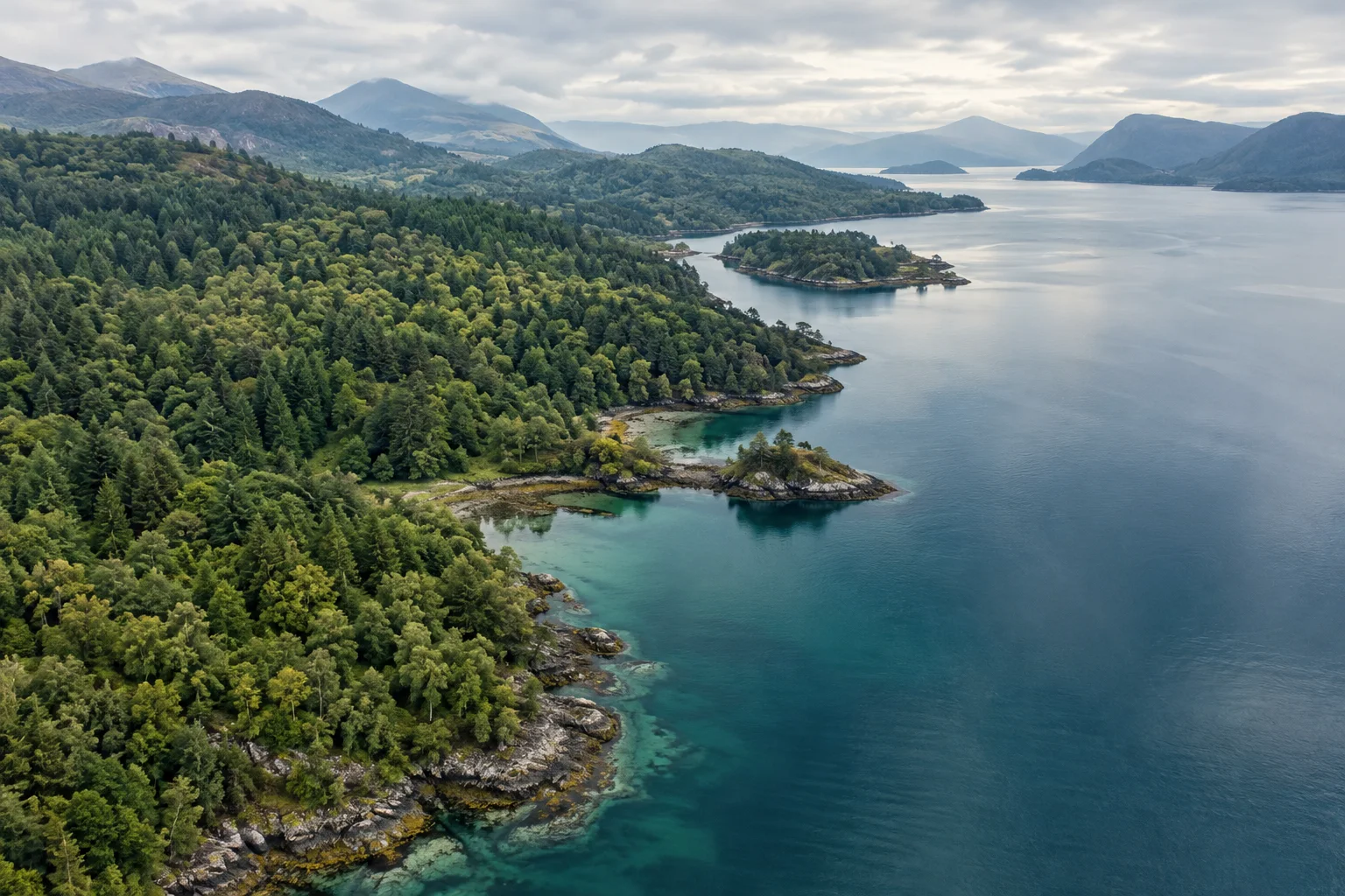 Wooded hills and a calm blue-green coastal inlet